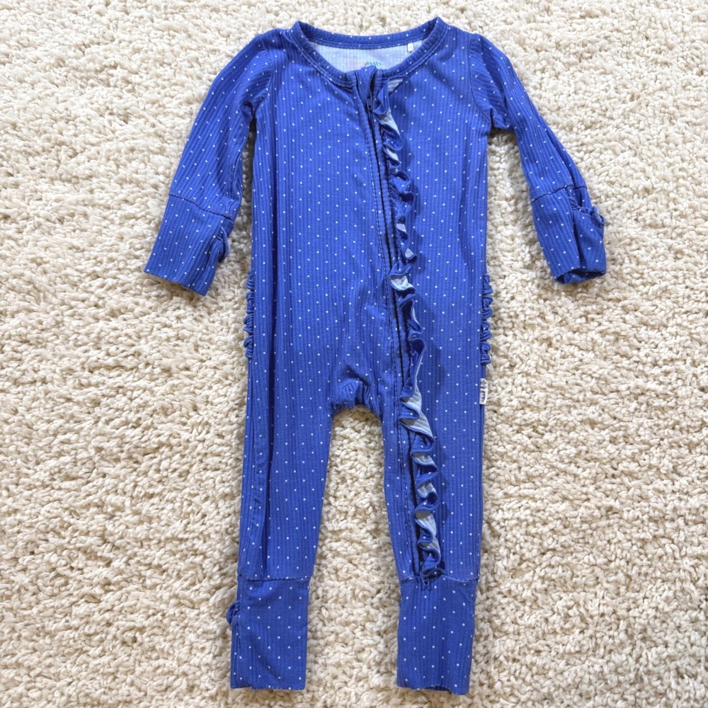 Gigi and Max Blue Polka Dot‎ Bamboo Ruffle Romper Sleeper 3-6M Ribbed Zip Up